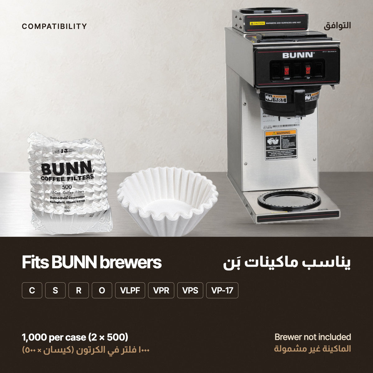 Fits BUNN brewers C, S, R, O, VLPF, VPR, VPS and VP-17; 1,000 per case (2 x 500); brewer not included