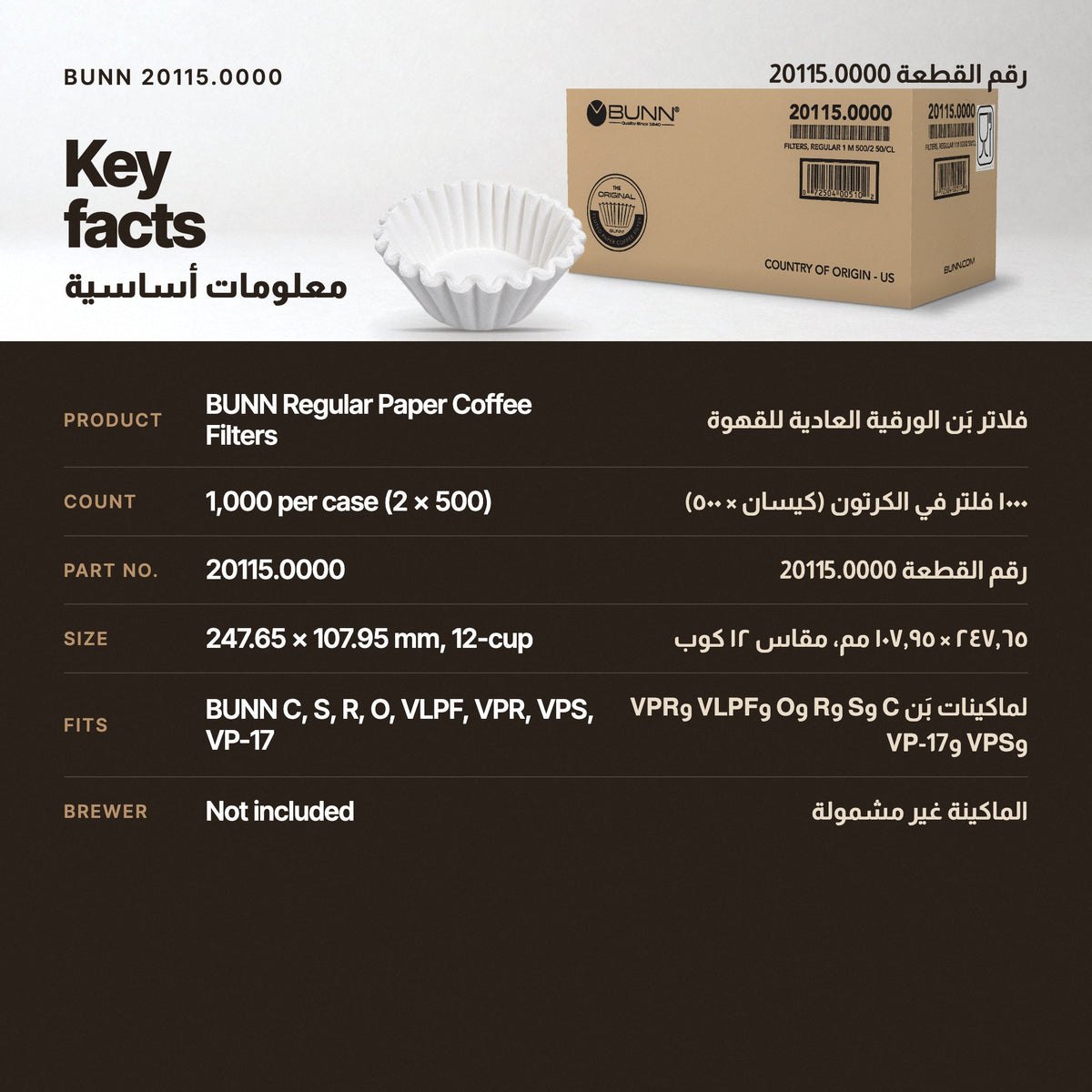 Key facts: BUNN regular paper coffee filters, 1,000 per case, part 20115.0000